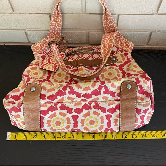 FOSSIL Vintage Leather Canvas Geometric Tote Shoulder Bag Boho Casual Key Charm - Picture 10 of 10